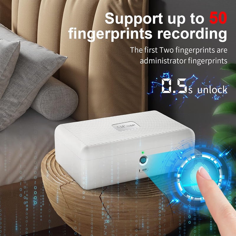 AICase Biometric Fingerprint Storage Box, Portable Cash Jewelry Security Case Lock Box Safe,Combination Lock for Car, Home,Office Travel White - Image 2